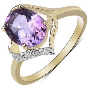 14K Yellow Gold Over Solid Sterling Silver Diamonds 1.8 CTW Amethyst Size 7 Ring